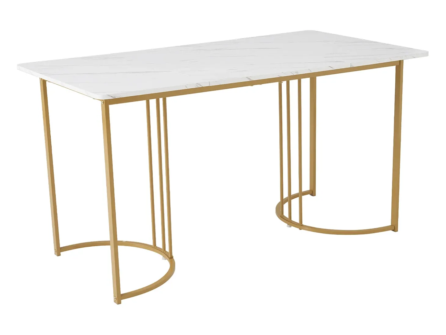 Mesa de comedor 140x80x75 cm, de metal, rectangular en mármol moderno, patas ajustables, color blanco/oro.