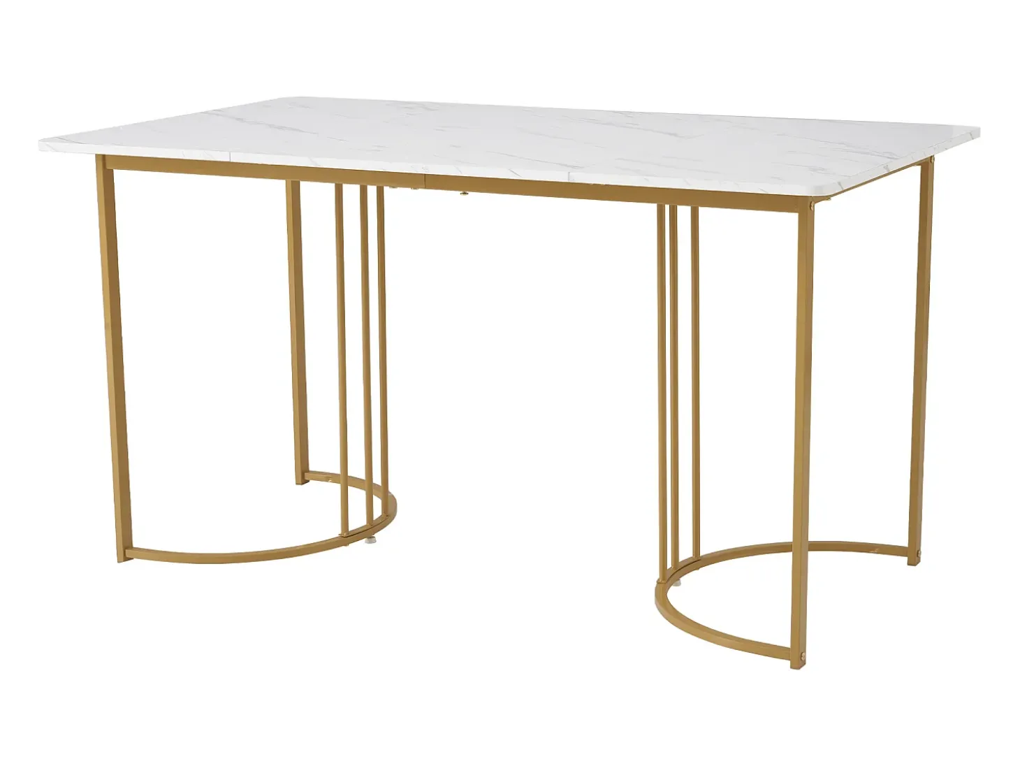 Mesa de comedor 140x80x75 cm, de metal, rectangular en mármol moderno, patas ajustables, color blanco/oro.