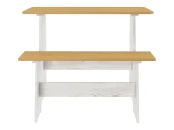 Mesa de comedor y banco QUEEN de madera maciza de pino color marrón miel y blanco