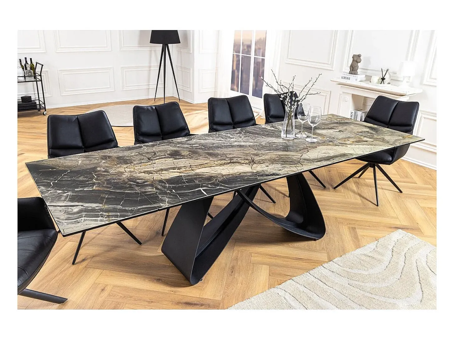 Mesa de comedor ZAREL – Extensible de 180 a 260 cm – Cerámica y vidrio templado – Aspecto mármol gris topo