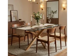 Mesa de diseño de cristal y madera 200x100cm con patas cruzadas Horo