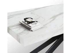 Mesa de madera, acabado blanco y patas X negras, extensible 140x90 - 220x90 - CAMAIORE