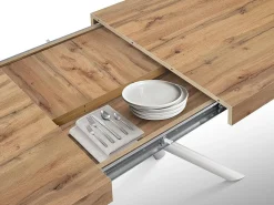 Mesa de madera, efecto roble, base blanca, ext.140x90-220x90cm - CARRARA
