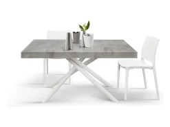 Mesa de madera,gris cemento, base blanca, largo 140x90-220x90cm - CARRARA