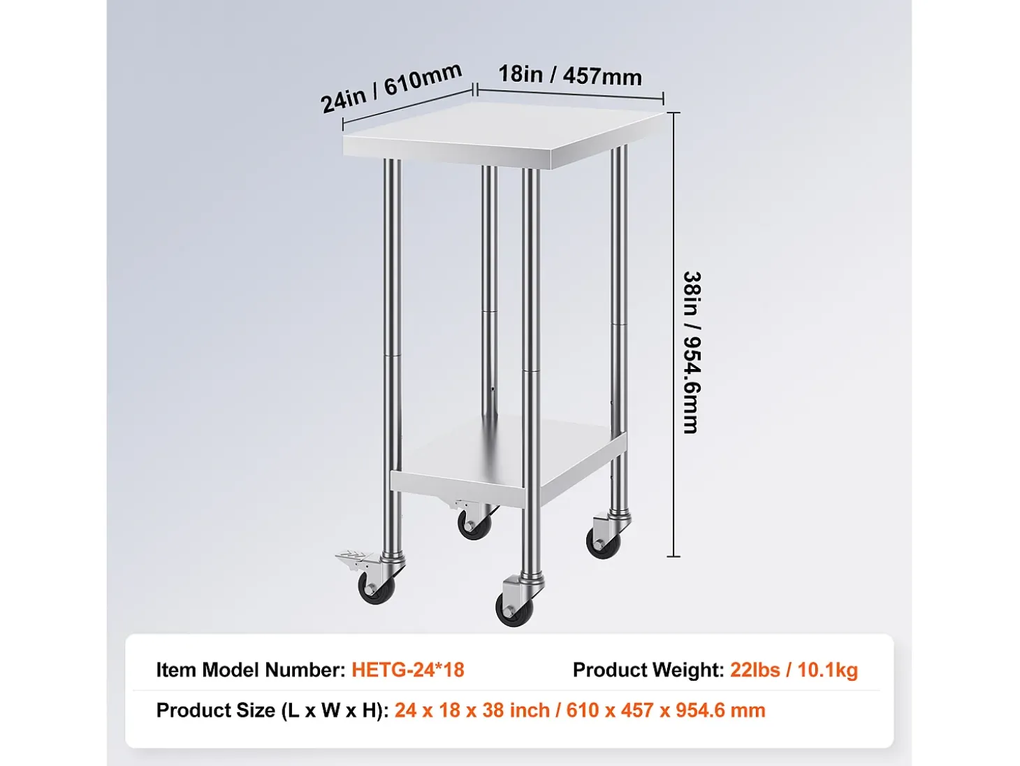 Mesa de Trabajo de Acero Inoxidable SucceBuy, 610 x 457 x 954,6 mm, Mesa Comercial de Preparación con 4 Ruedas