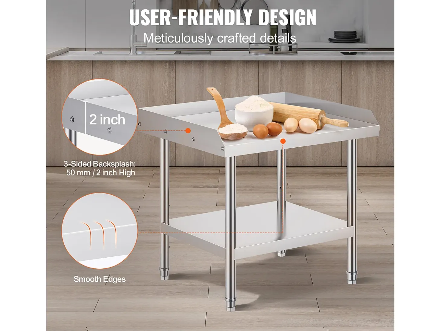 Mesa de Trabajo de Acero Inoxidable SucceBuy, 610 x 711 x 660 mm, Mesa de Preparación de Alimentos Comercial para Restaurante