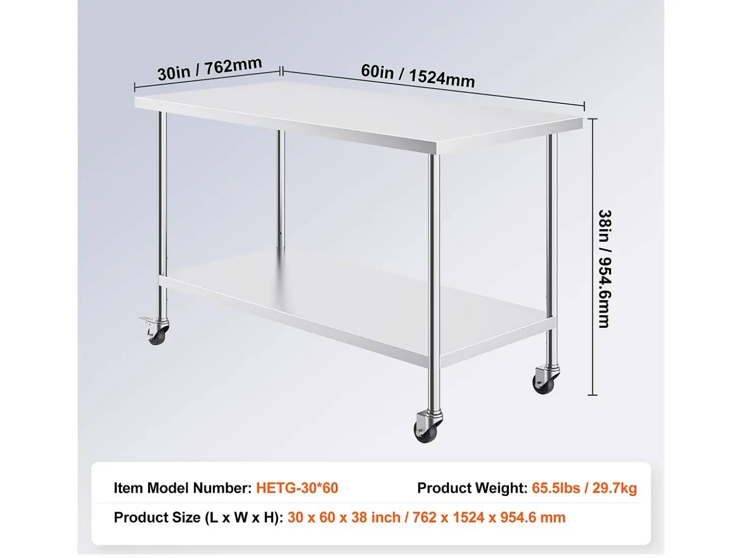 Mesa de Trabajo de Cocina SucceBuy 76 x 152 cm, Mesa de Trabajo en Acero Inoxidable con 4 Ruedas