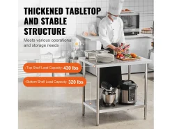 Mesa de Trabajo de Cocina SucceBuy 60.96x91.44x86.36 cm, Mesa de Preparación de Trabajo en Acero Inoxidable