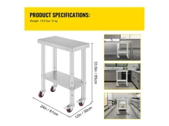 Mesa de Trabajo de Cocina SucceBuy 30.48x60.96 cm | Mesa de Preparación Comercial con 4 Ruedas