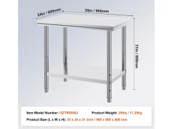 Mesa de Trabajo en Acero Inoxidable 60x90x80 cm, 2 Pisos, para Preparación de Cocina de Alimentos y Comidas, Hoteles, Oficinas, Hospitales