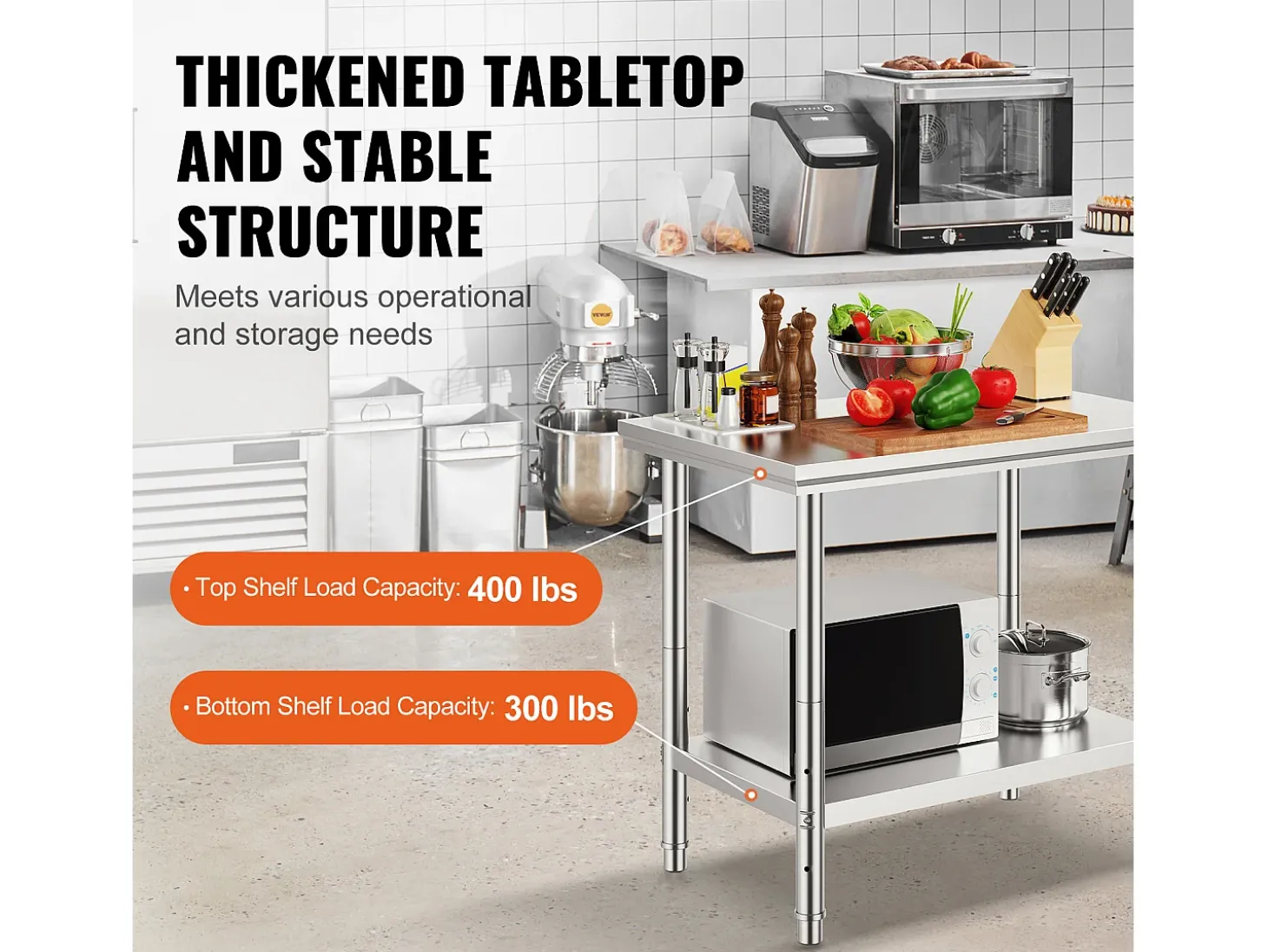 Mesa de Trabajo en Acero Inoxidable 60x90x80 cm, 2 Pisos, para Preparación de Cocina de Alimentos y Comidas, Hoteles, Oficinas, Hospitales