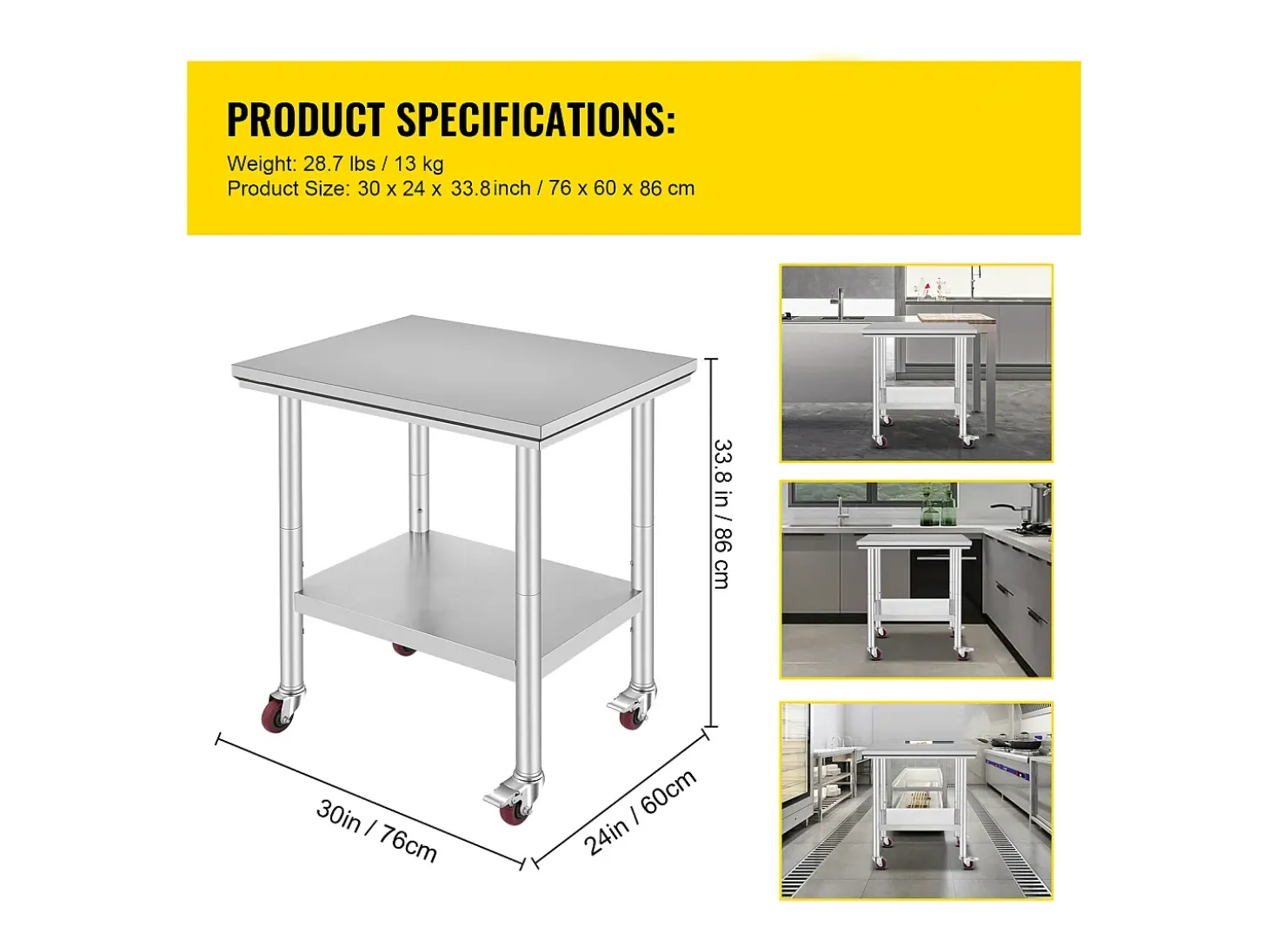 Mesa de Trabajo SucceBuy Mesa de Trabajo de Acero Inoxidable de 30 x 24 Pulgadas, Mesa de Preparación Comercial con 4 Ruedas