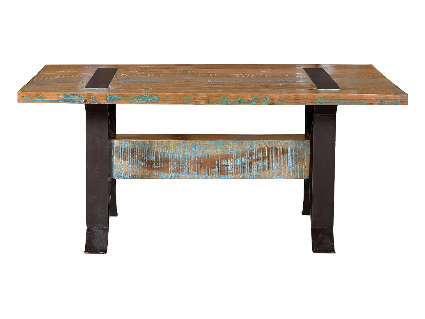 Mesa exclusiva madera reciclada y base de metal multicolor