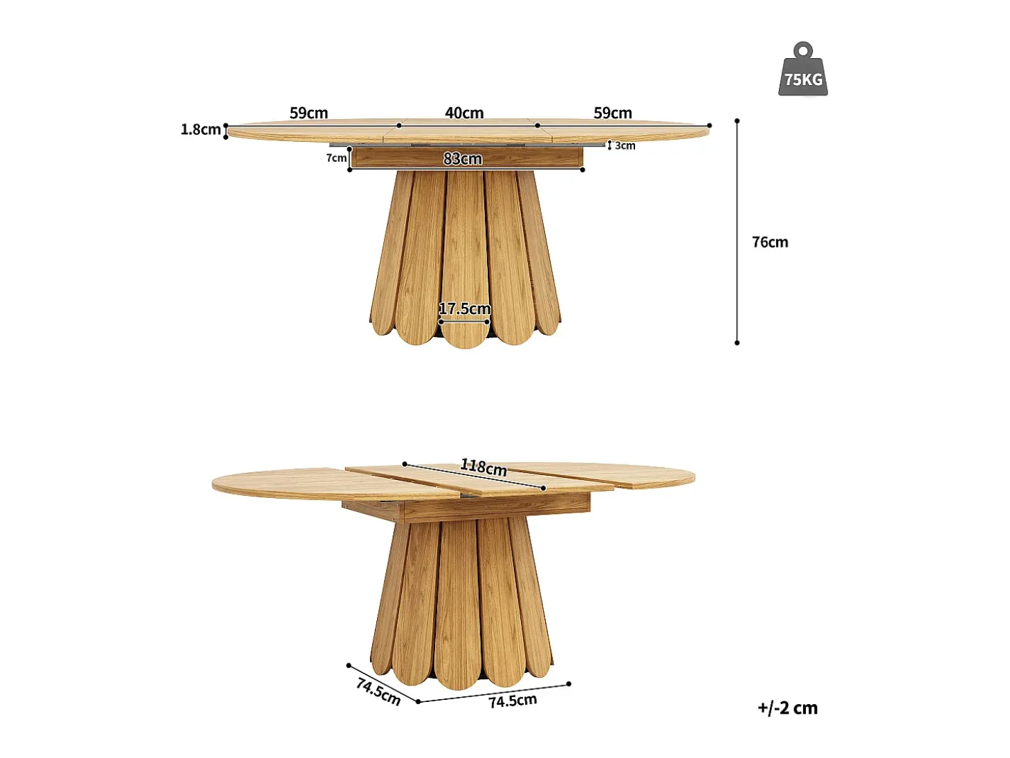 Mesa extensible 118-158 x 118 cm para 6 personas - Natural claro