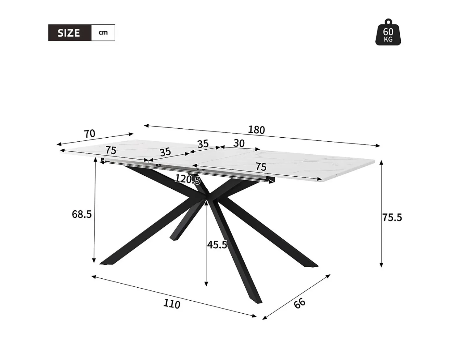 Mesa extensible blanca 150(180)x70cm - Tapa efecto mármol