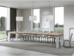 Mesa extensible blanca y patas roble natural 6 a 20 plazas Kristo 180 a 440 cm-Base y soporte con ruedas