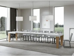 Mesa extensible blanca y patas roble natural 6 a 20 plazas Kristo 160 a 420 cm-Soporte 4 pies