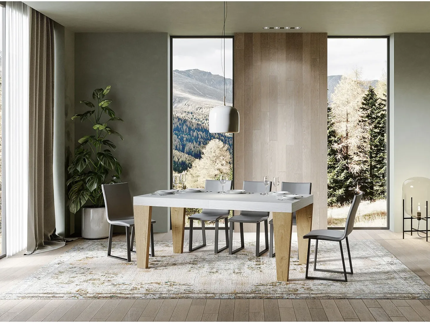 Mesa extensible blanca y patas roble natural 6 a 20 plazas Kristo 160 a 420 cm-Soporte 2 pies