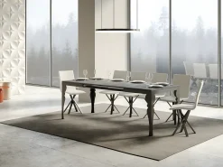 Mesa extensible con patas de acero antracita, estilo oriental Torza evolución-Color Gris cemento-Soporte 2 pies-Ancho extensible
