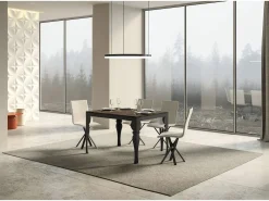 Mesa extensible con patas de acero antracita, estilo oriental Torza evolución-Color Marrón-Soporte 4 pies-Ancho extensible