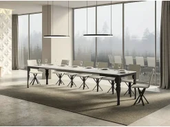 Mesa extensible con patas de acero antracita, estilo oriental Torza evolución-Color Blanco-Soporte 4 pies-Ancho extensible