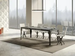 Mesa extensible con patas de acero antracita, estilo oriental Torza evolución-Color Gris cemento-Soporte 2 pies-Ancho extensible