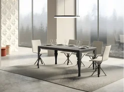 Mesa extensible con patas de acero antracita, estilo oriental Torza evolución-Color Gris cemento-Soporte 2 pies-Ancho extensible