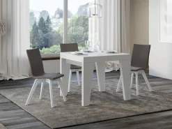 Mesa extensible cuadrada pequeña 90x90/246 cm Naxo-Color Blanco-Soporte 4 pies-3 alargaderas finas