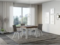 Mesa extensible cuadrada pequeña en madera blanca y nogal de 90 a 246 cm Nako-Base y soporte con ruedas