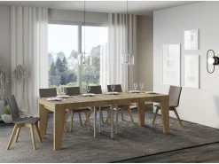 Mesa extensible cuadrada pequeña 90x90/246 cm Naxo-Color Natural-Soporte 4 pies-3 alargaderas gruesas