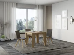 Mesa extensible cuadrada pequeña 90x90/246 cm Naxo-Color Natural-Soporte 4 pies-3 alargaderas gruesas