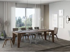 Mesa extensible cuadrada pequeña 90x90/246 cm Naxo-Color Marrón-Base y soporte con ruedas-3 alargaderas finas