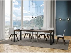 Mesa extensible cuadrada pequeña 90x90/246 cm Tiroz-Color Natural-Soporte 4 pies-3 alargaderas finas