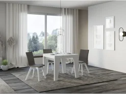 Mesa extensible cuadrada pequeña 90x90/246 cm Naxo-Color Gris cemento-Soporte 4 pies-3 alargaderas gruesas