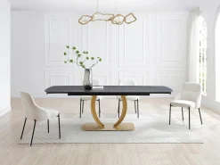 Mesa extensible de comedor en cerámica y metal dorado - Efecto mármol negro - OLIFIA