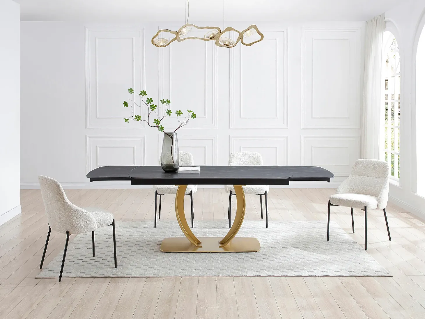 Mesa extensible de comedor en cerámica y metal dorado - Efecto mármol negro - OLIFIA