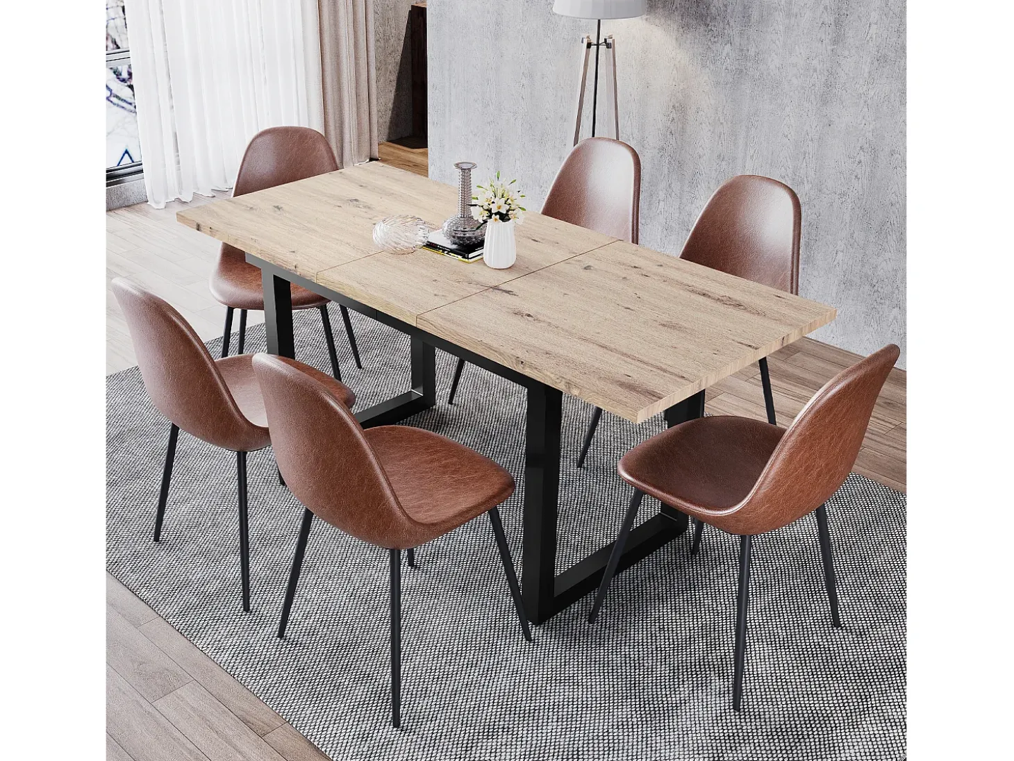 Mesa extensible industrial, MDF y metal, 140/180x80x75 cm, diseño moderno, color negro y madera natural (L140/180xP80xH75cm)