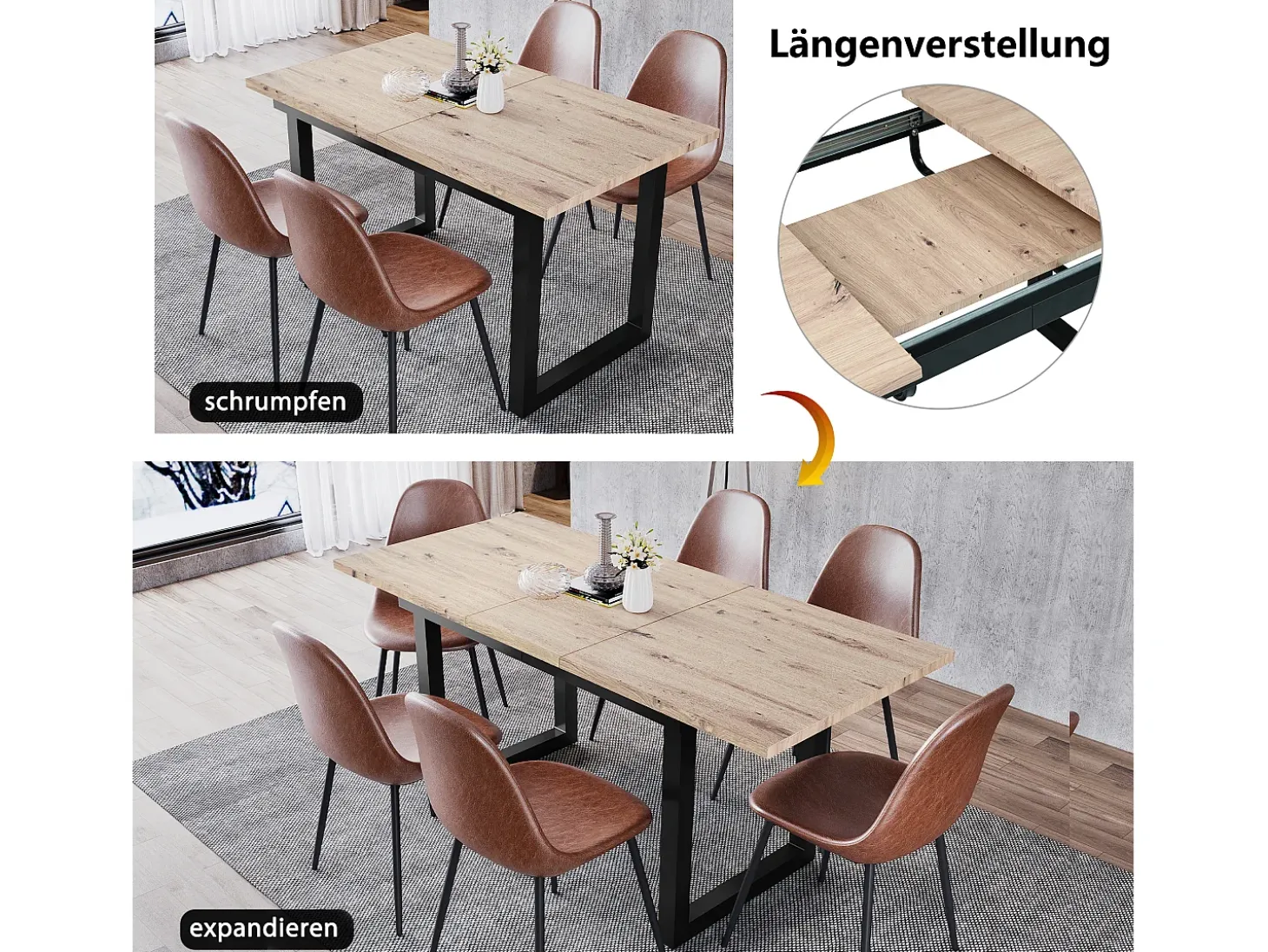 Mesa extensible industrial, MDF y metal, 140/180x80x75 cm, diseño moderno, color negro y madera natural (L140/180xP80xH75cm)