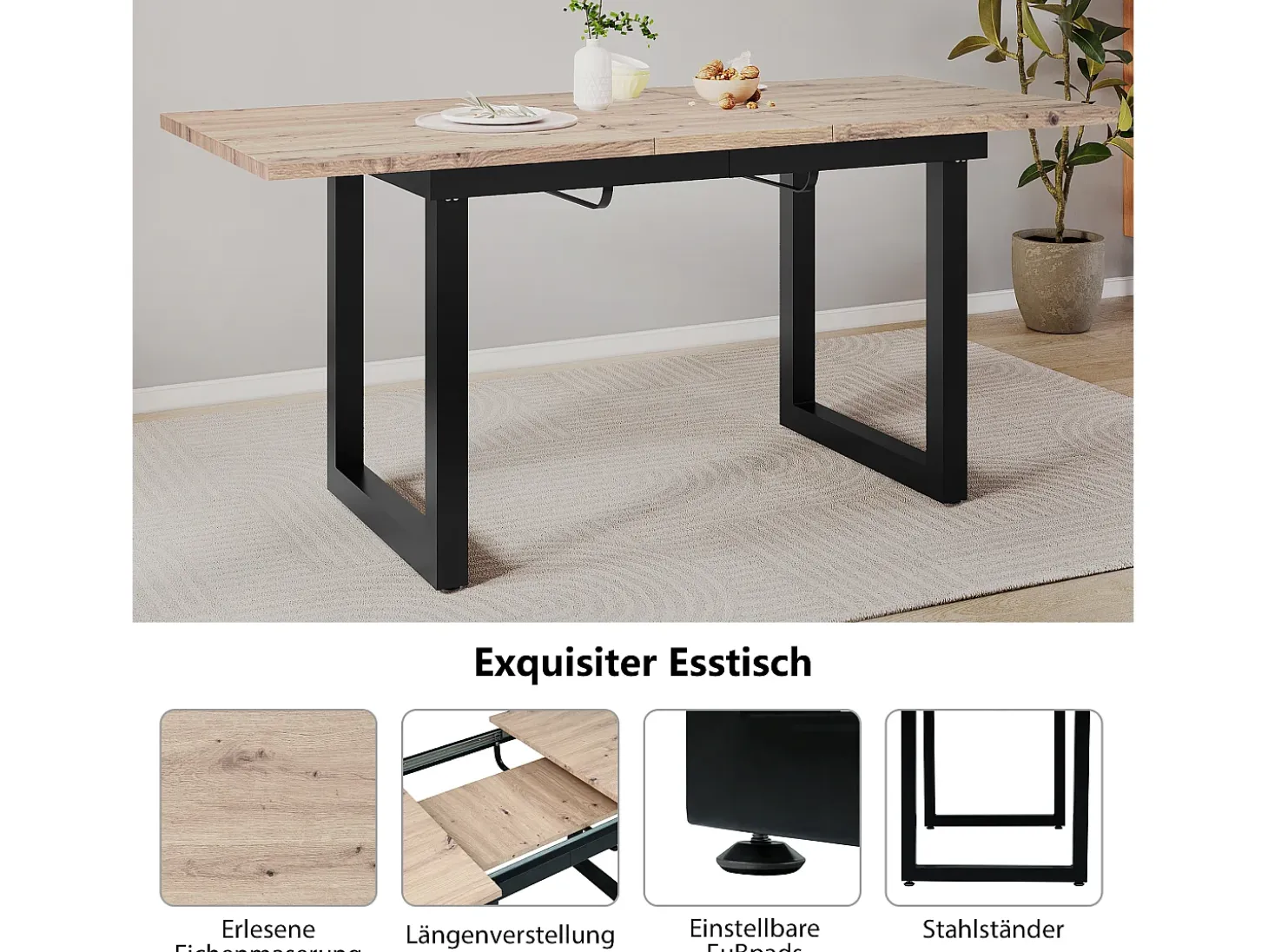 Mesa extensible industrial, MDF y metal, 140/180x80x75 cm, diseño moderno, color negro y madera natural (L140/180xP80xH75cm)
