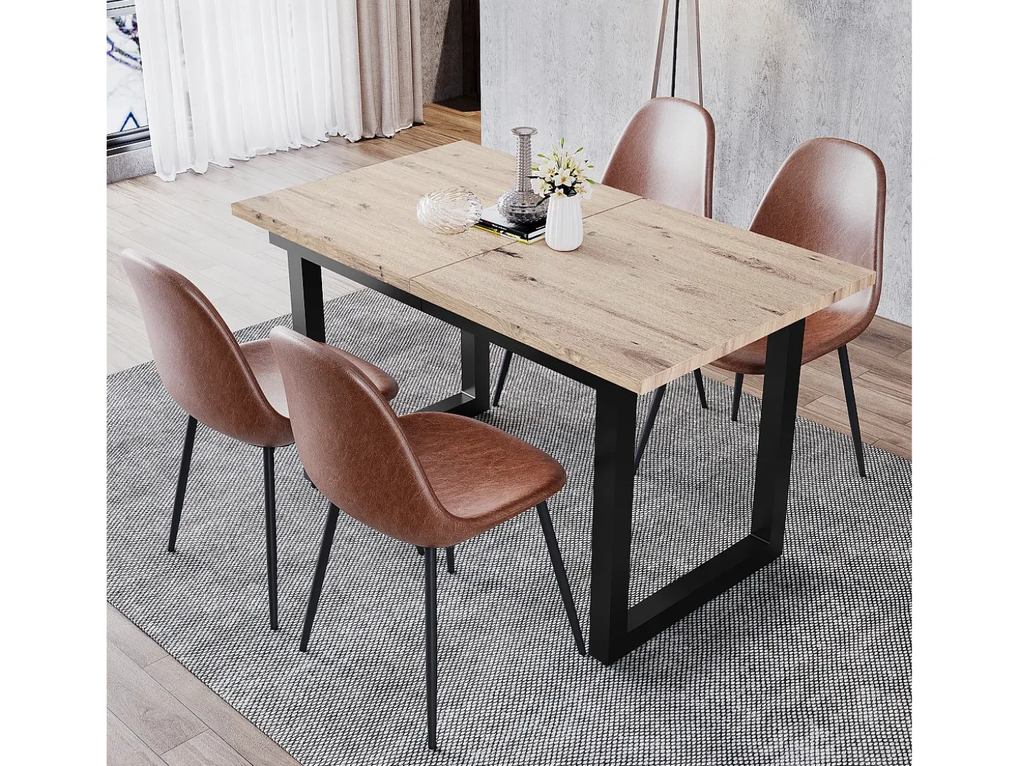 Mesa extensible industrial, MDF y metal, 140/180x80x75 cm, diseño moderno, color negro y madera natural (L140/180xP80xH75cm)