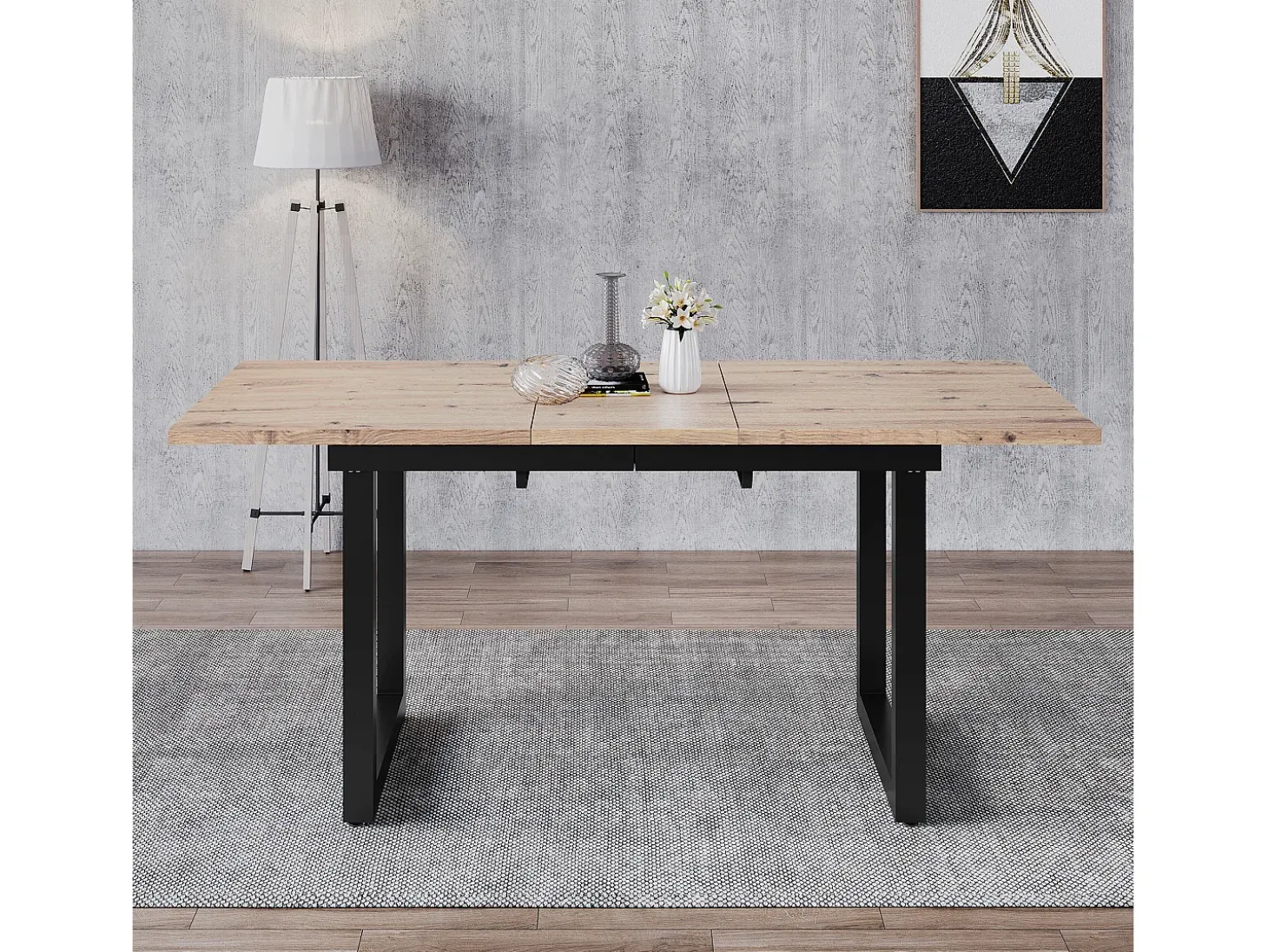 Mesa extensible industrial, MDF y metal, 140/180x80x75 cm, diseño moderno, color negro y madera natural (L140/180xP80xH75cm)