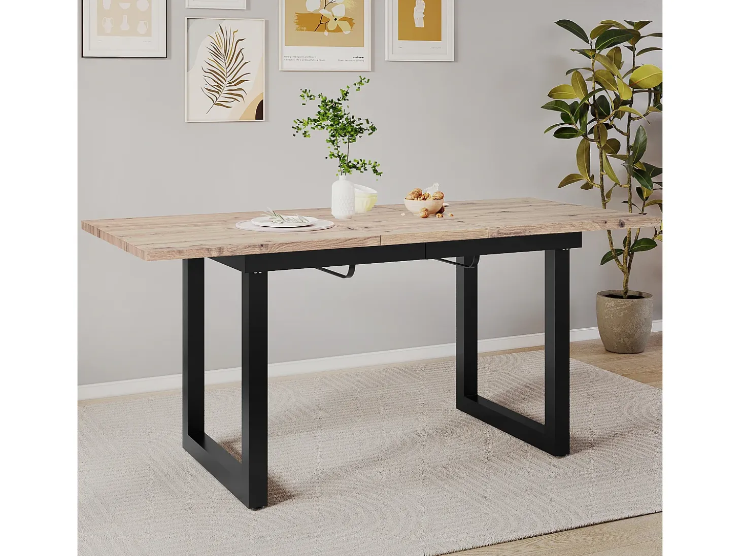 Mesa extensible industrial, MDF y metal, 140/180x80x75 cm, diseño moderno, color negro y madera natural (L140/180xP80xH75cm)