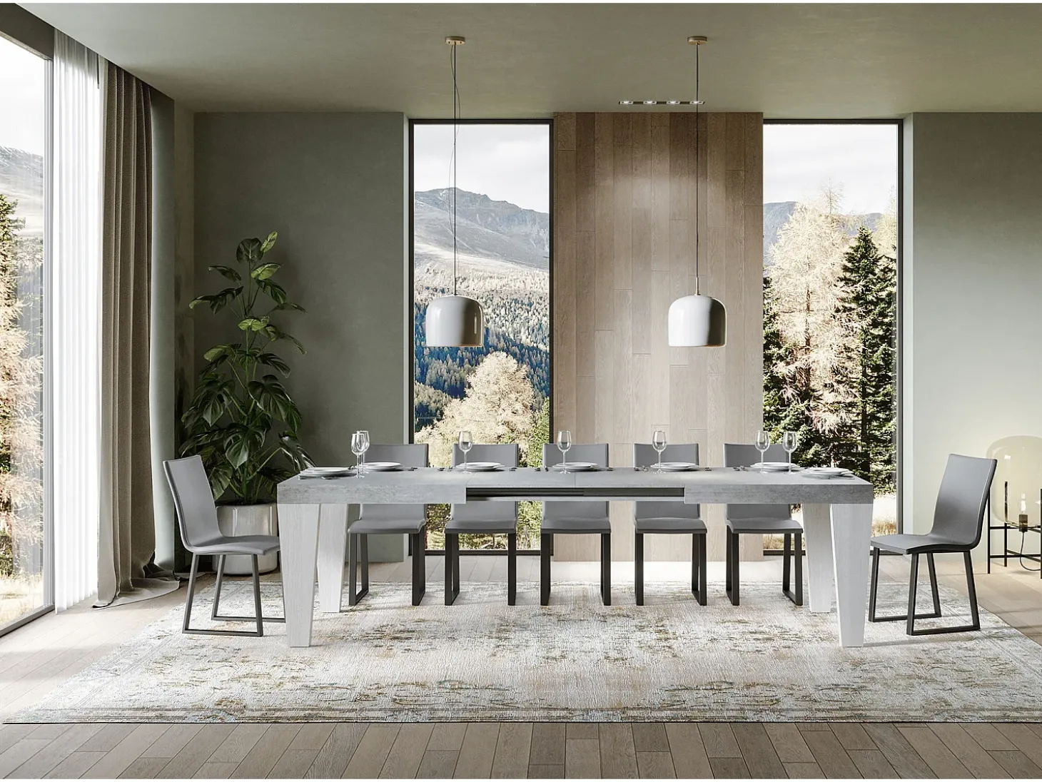 Mesa extensible madera gris hormigón y patas madera blanca 6 a 20 plazas Kristo 160 a 420 cm-Soporte 2 pies