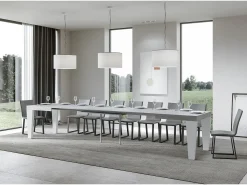Mesa extensible madera gris hormigón y patas madera blanca 6 a 20 plazas Kristo 160 a 420 cm-Base y soporte con ruedas