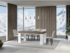 Mesa extensible rectangular en madera de nogal y blanco de 160 a 420 cm Ribo-Base y soporte con ruedas