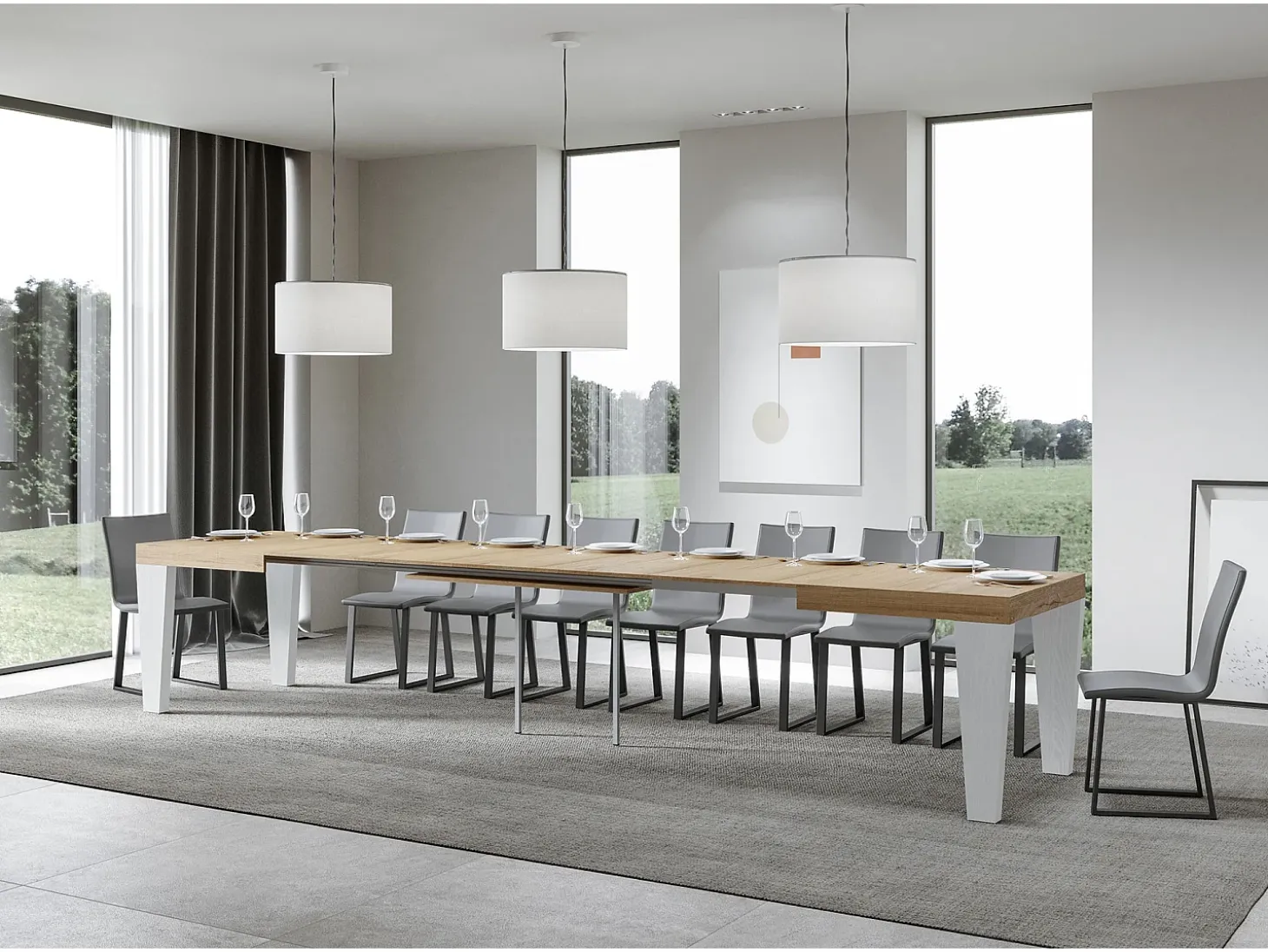 Mesa extensible roble natural y patas madera blanca 6 a 20 plazas Kristo 160 a 420 cm-Soporte 2 pies