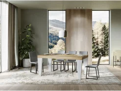 Mesa extensible roble natural y patas madera blanca 6 a 20 plazas Kristo 180 a 440 cm-Soporte 4 pies