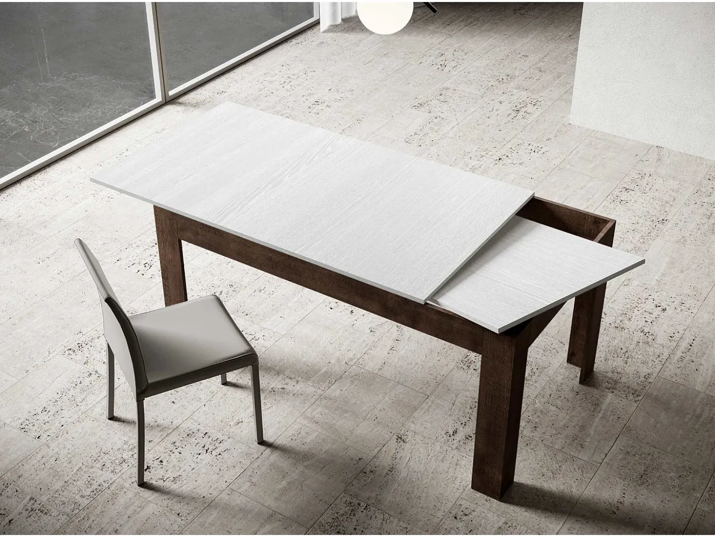 Mesa extensible 90x120/180 cm Bibi Mix tapa Fresno Blanco patas Nogal