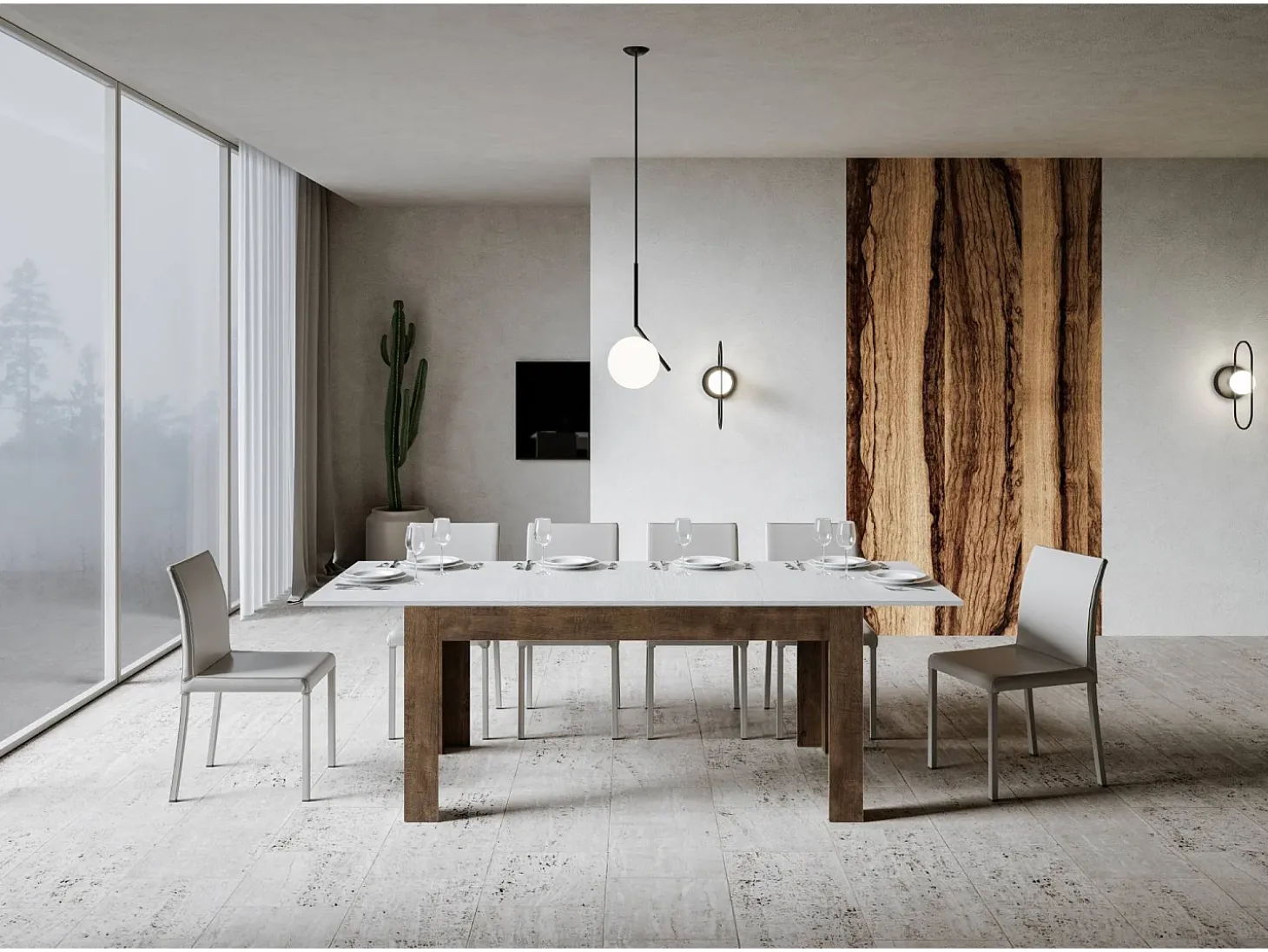 Mesa extensible 90x160/220 cm Bibi Mix tapa Fresno Blanco patas Nogal