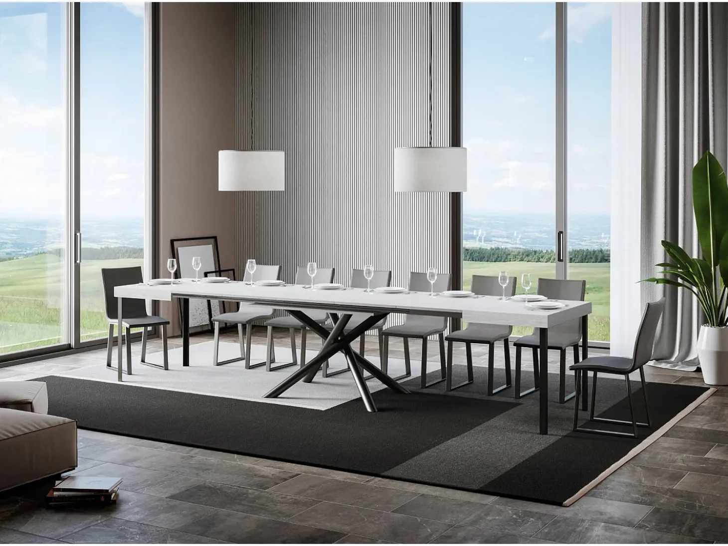 Mesa extensible 90x140/400 cm Famas Fresno Blanco estructura Antracita